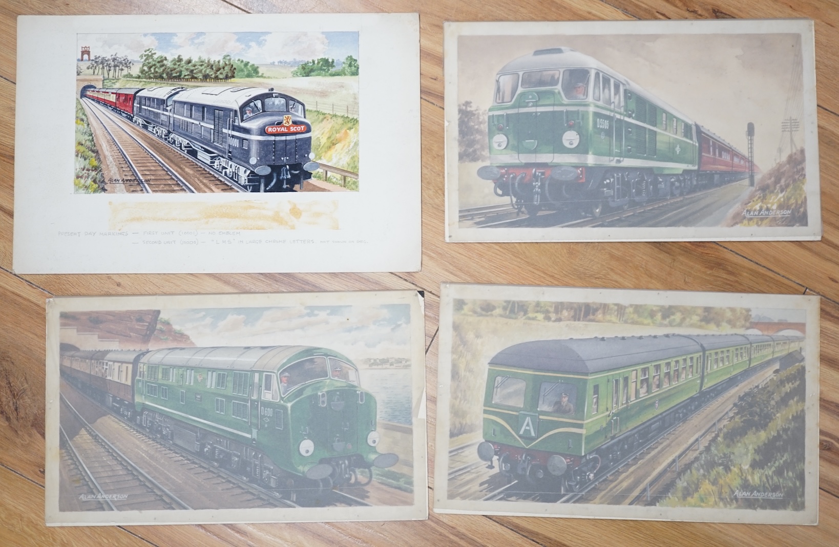 Alan Anderson, set of four original watercolours for postcard designs, Locomotives comprising ‘Royal Scot, LMS Railway’, ‘BR Class 31 No. 5505’, ‘Class D600 Active’ and ‘Western Region Diesel, British Railways’, each sig